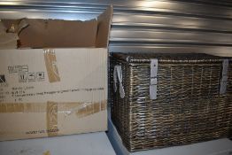 A new stock, box opened for display purposes, wicker picnic hamper and contents