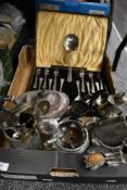 Cutlery and silver plated table wares including cased dessert cutlery and chase work tea stand