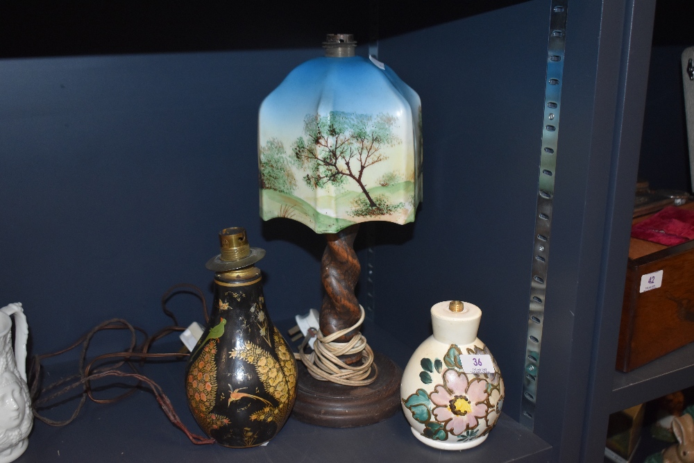 Edwardian and later table lamps including hand painted Bohemian style and painted lamp shade