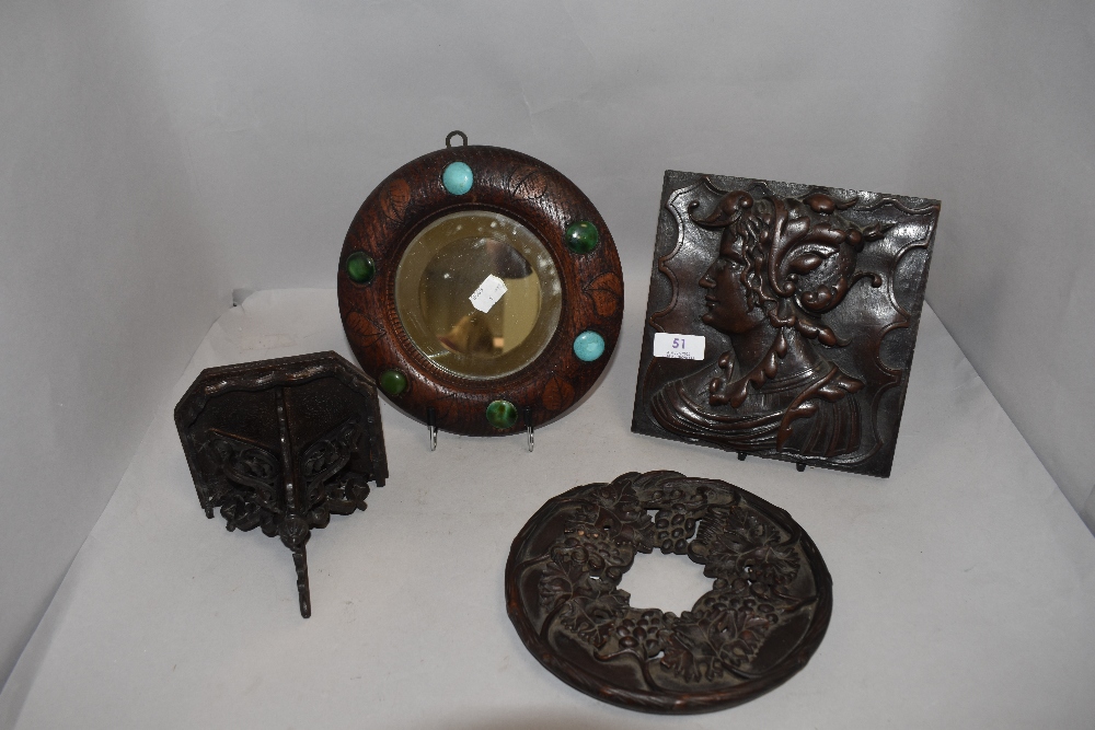 Victorian and later treen wood, hand carved relief plaque, wall sconce and Arts and Crafts