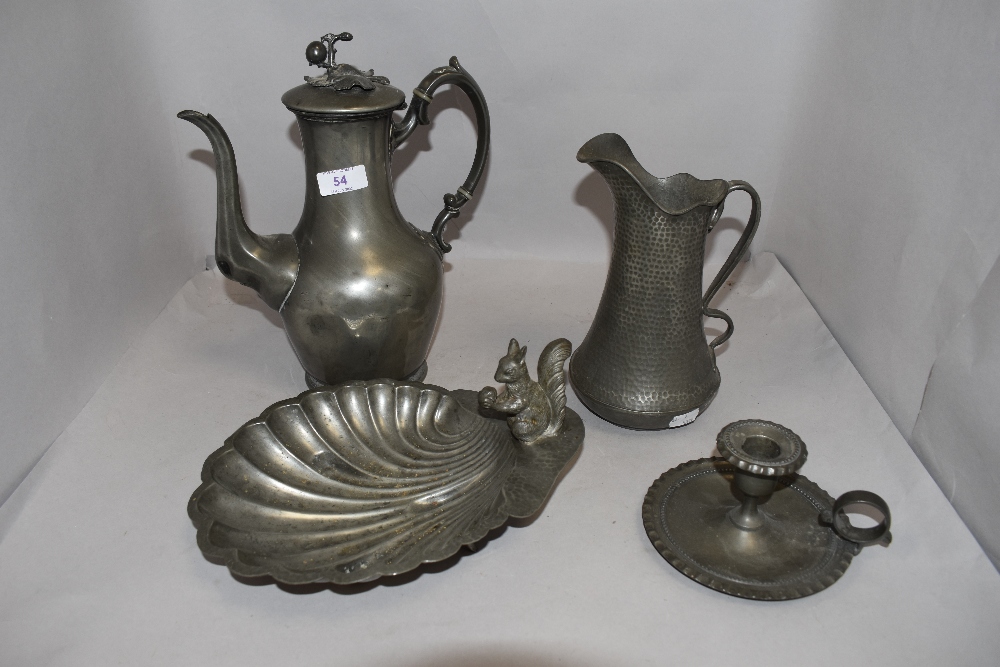 20th century pewter scalloped squirrel design bowl, chamber stick, tea pot and Jaswalsh jug