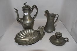 20th century pewter scalloped squirrel design bowl, chamber stick, tea pot and Jaswalsh jug