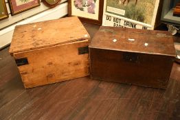 Antique and later wooden strong boxes one oak with early fitted lock and similar pine example