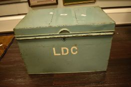 20th century metal tin deed style box painted duck egg blue with initials LDC