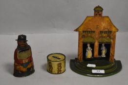 Victorian penny saving tin money box including Poor Weary Willie, Rothwells Picture Box and Kendella