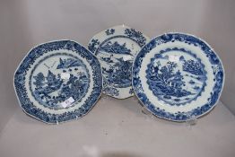 19th century Chinese export hard paste plates hand decorated with traditional blue and white