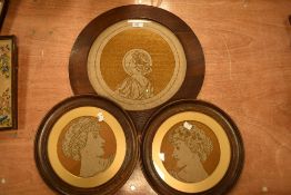 Victorian Arts and Crafts needlework embroidery of Greek style maidens in circular oak frames