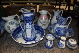 A mixed lot of antique wash basins, jugs and pots, to included Royal Doulton 'Aubrey' bowl,jug and