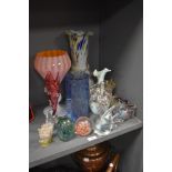 Antique and studio art glass including Victorian dump, figures and Murano styles