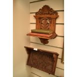 Victorian and later wall sconce oak carved with poker work decoration, a plaster cast figure head