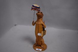 20th century Taxidermy study of a Caiman or Cayman Alligator about to go on holiday with parasol and