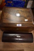 Victorian sewing box having Walnut case with mother of pearl inlay having contents with similar