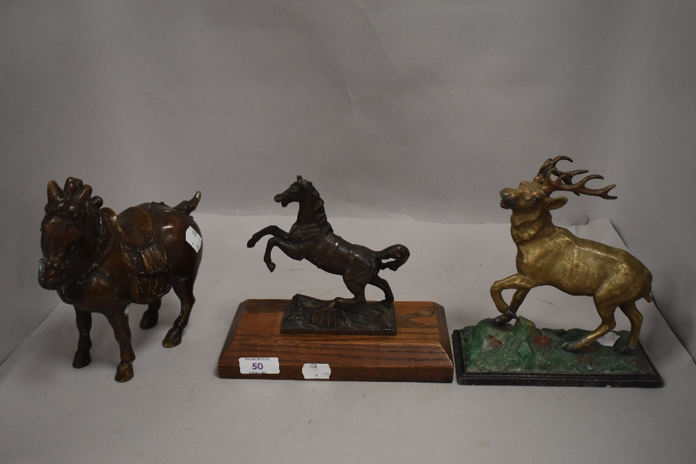 Three hose figures including Tang style, bronze Marley horse and Spelter stag