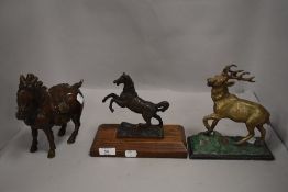 Three hose figures including Tang style, bronze Marley horse and Spelter stag