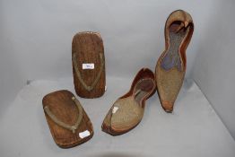 20th century Japanese Azumasun wooden shoes with an Indian pair of Mughal Moorish style slippers