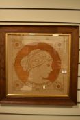 Victorian Arts and Crafts needlework embroidery of a classical style maiden in oak frame