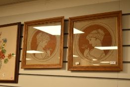 Victorian Arts and Crafts two needlework embroidery of a classical style maiden in oak frame