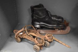 Early 20th century roller skates and ice skates