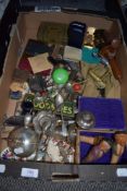 Assorted curios and trinkets including Dominoe set, cutlery and unusual brass figure of goat