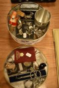 20th century curios and trinkets including Waddingtons cards, Pewter mug and coins
