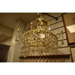 20th century brass and clear cut crystal lustre droplet chandelier