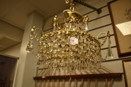 20th century brass and clear cut crystal lustre droplet chandelier