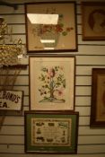 Three needle work embroidery including flower basket, tree of life and gardening poem
