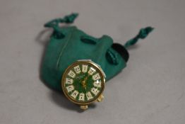 Beuche Bienne Girod miniature travel musical alarm clock with case and green enamel face