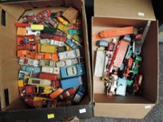 Two boxes of playworn diecasts including Dinky, Corgi, Matchbox Lesney and similar
