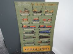 A National Savings card advertising board, The History of British Railways, SP345, 50cm x 75cm