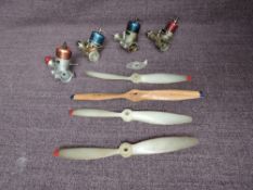 Four model aircraft Engines, DC Ltd x2, A-M and Heron Isle of Man with four blades