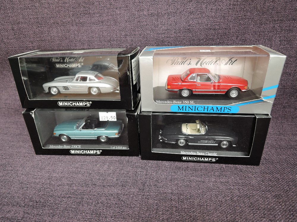 Four Minichamps 1:43 scale diecast Mercedes-Benz Cars, 230CE 1 of 2016, 300SL 1 of 5040, 350SL