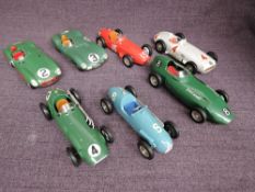 Seven Merit J & LR Ltd plastic model Racing Cars, all made up with racing numbers including Mercedes