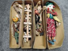 Four Pelham Puppets, White Faced Clown 20' in part card box, Wuff, Snuff & Tuff by Tim in original