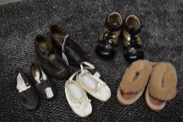 A pair of antique leather childrens shoes and a pair of clogs, also included are three three more