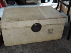 A 19th century Chinese chest or travel trunk,covered with pig skin,AF,damage to lock.