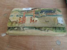 An embossed leather clutch bag having harbour and deer scene to front and mill scene to reverse,