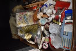 A selection of mixed haberdashery, ribbon, thread, tools and more.