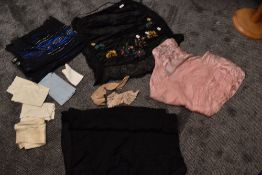 A mixed lot of vintage and antique items including shawls,handkerchiefs and embroidered silk apron.