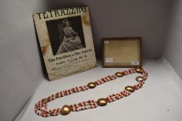 A cardboard advertisement for Tetrazzini's appearance in Blackpool, a framed autograph dated 1933,