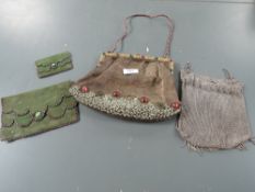 A collection of antique bags including beaded bag with metal threadwork, chain bag and green suede