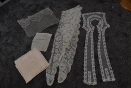 A mixed lot of antique items including modesty panels, lace work collars/shawl and a 1916 dated