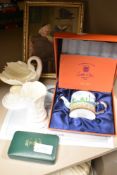 A small selection of collectables including miniature teapot, Crown Staffordshire medallion, Royal