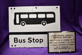 A double sided enamel bus stop sign and a smaller metal plaque for Lancashire County Council