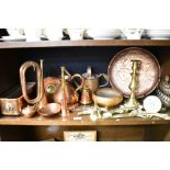 Antique and later brass and copper wares including Bugle, measure jug, Arts and Crafts tray etc