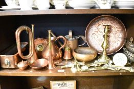 Antique and later brass and copper wares including Bugle, measure jug, Arts and Crafts tray etc