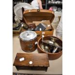 20th century curios and trinkets including oak biscuit barrel, Halina camera and photo frames