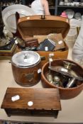 20th century curios and trinkets including oak biscuit barrel, Halina camera and photo frames