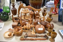 20th century treen wood items including Olive wood vase, Yew containers and bobbin holder