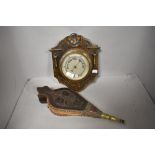 Edwardian fire side bellows in oak having carved details with similar barometer